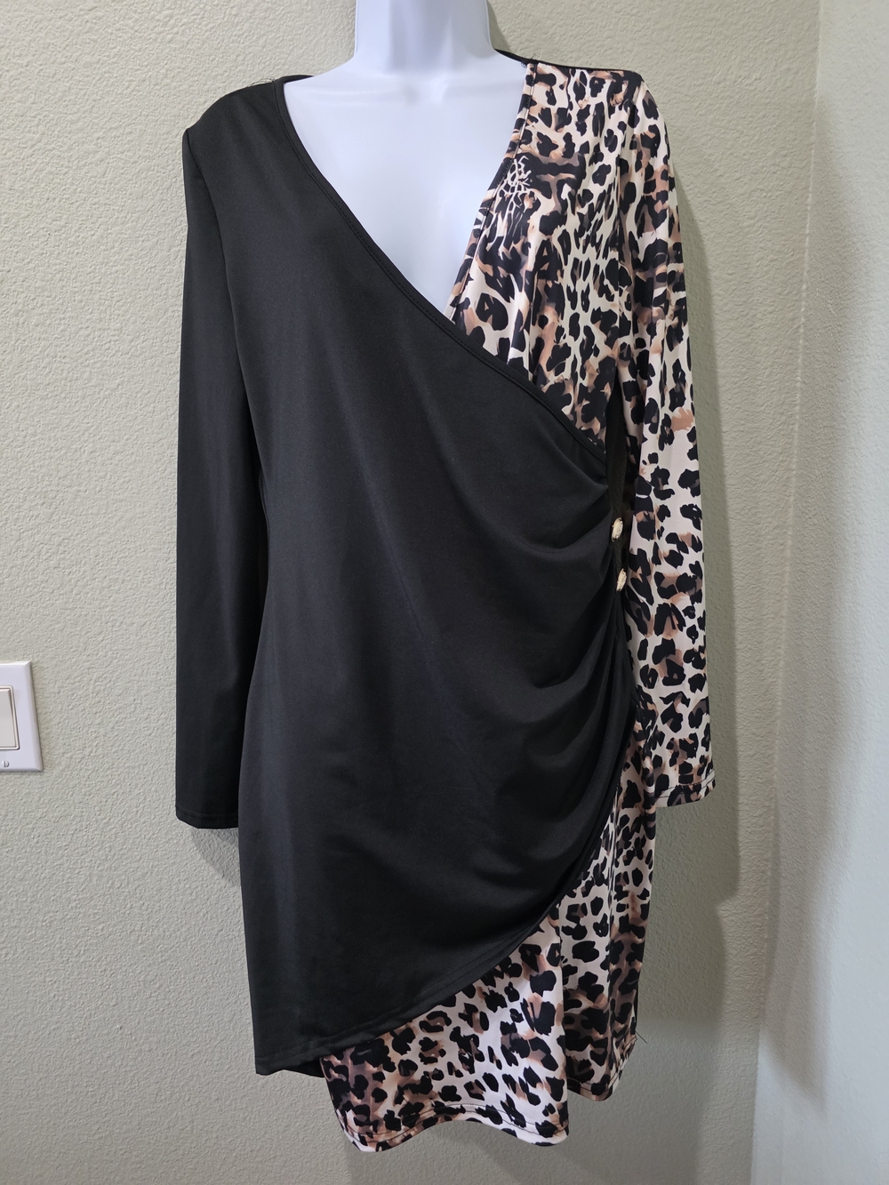 Black & Leopard Wrap-Style Women's Dress